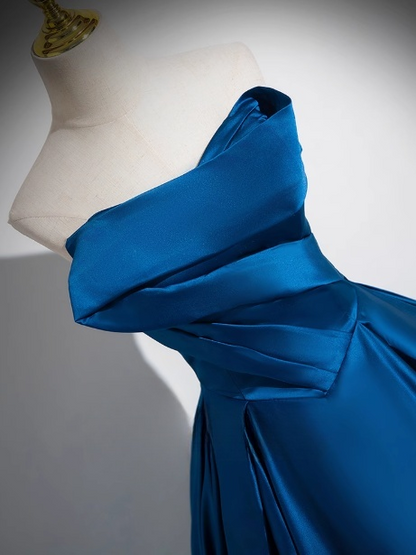 A-line Strapless Satin Long Prom Dress, Blue Formal Dress HZ1024