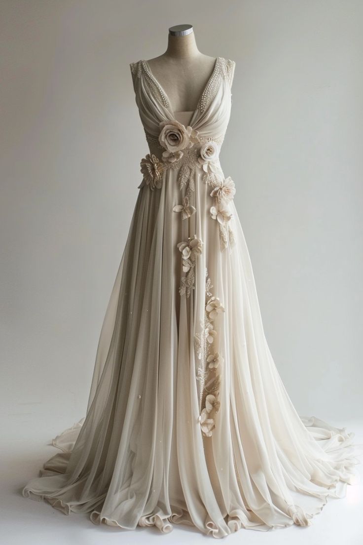 V-Neck Beaded Chiffon Long Prom Dress, Vintage Applique Wedding Dress HZ1024