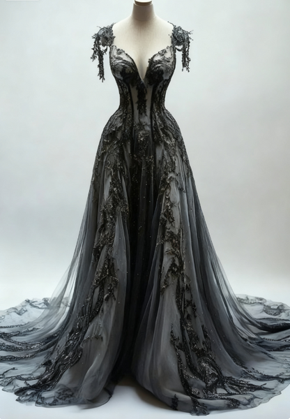 Black Appliques A-line V-neck Lace Tulle Sequin Long Prom Dress, Dark Gray Formal Evening Gowns ED01235