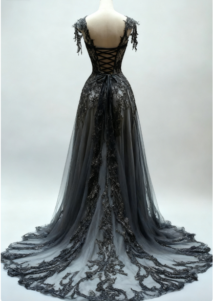 Black Appliques A-line V-neck Lace Tulle Sequin Long Prom Dress, Dark Gray Formal Evening Gowns ED01235