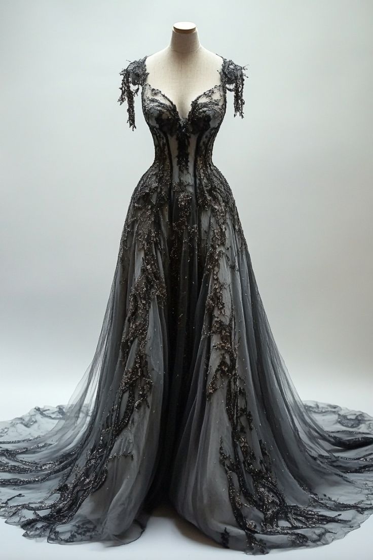 Appliques A-line V-neck Lace Tulle Sequin Long Prom Dress, Dark Gray Formal Evening Gowns HZ1024