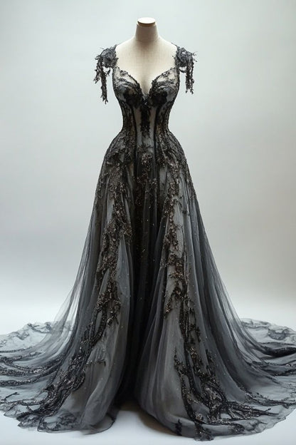 Black Appliques A-line V-neck Lace Tulle Sequin Long Prom Dress, Dark Gray Formal Evening Gowns ED01235
