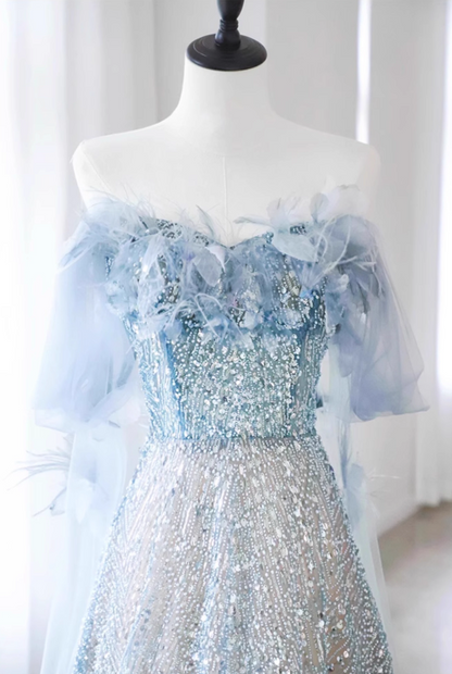 A-line Off-the-shoulder Sequin Tulle Long Prom Dress, Blue Formal Dress HZ1024