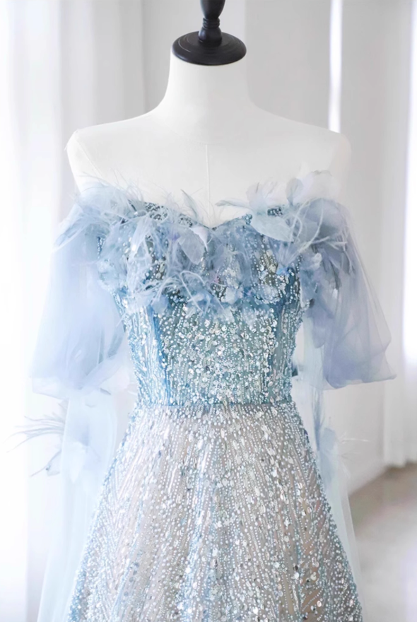 Blue A-line Off-the-shoulder Sequin Tulle Long Prom Dress, Blue Formal Dress ED01237