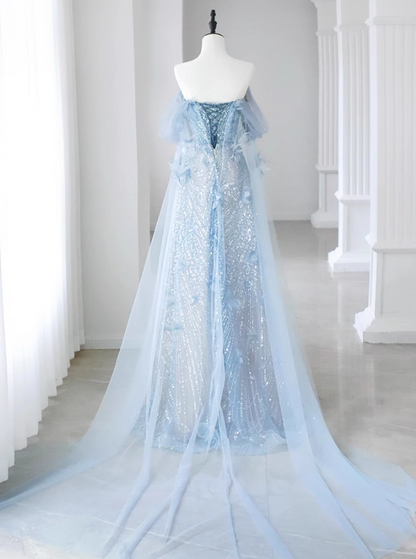 Blue A-line Off-the-shoulder Sequin Tulle Long Prom Dress, Blue Formal Dress ED01237
