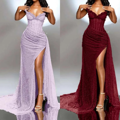 Strapless Shiny Beaded Sequin Long Prom Dresses Formal Evening Dresses With Slit HZ1024