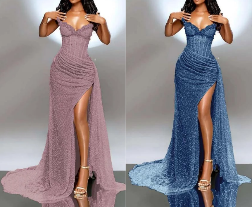 Strapless Shiny Beaded Sequin Long Prom Dresses Formal Evening Dresses With Slit HZ1024