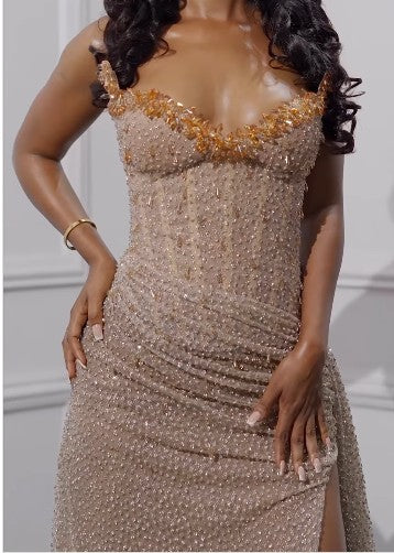 Strapless Shiny Beaded Sequin Long Prom Dresses Formal Evening Dresses With Slit HZ1024