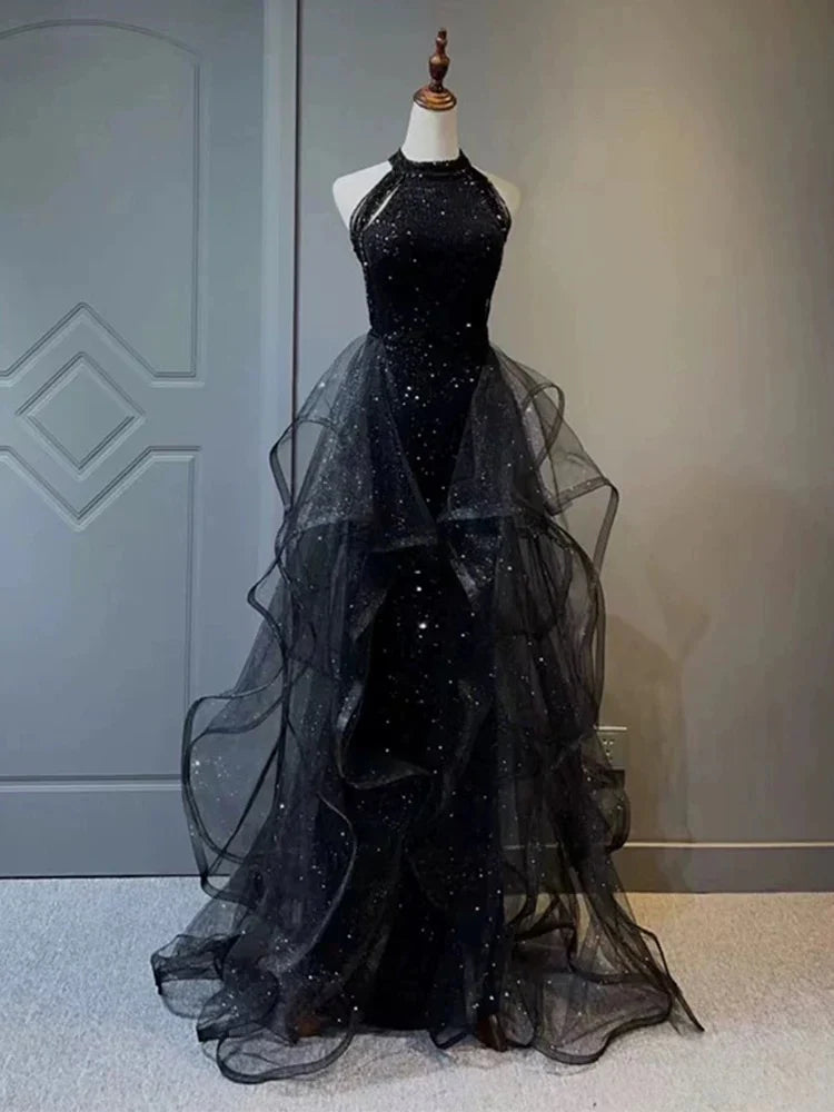 Elegant A-Line Halter Sparkly Sequins Long Prom Dresses  Navy Blue Evening Dresses ED01427