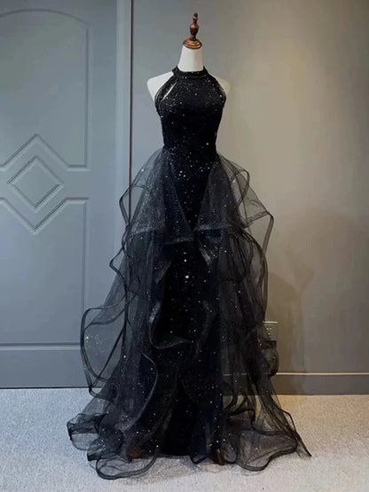 Elegant A-Line Halter Sparkly Sequins Long Prom Dresses  Navy Blue Evening Dresses ED01427