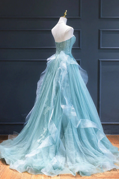 A-Line  Sweetheart neck Lace Tulle Long Formal Dress, Green Evening Dress ED01242