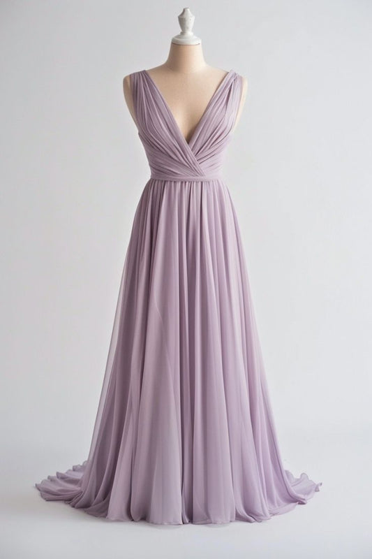 Purple A-line V-neck Chiffon Long Prom Dress Simple Bridesmaid Dress HZ1024