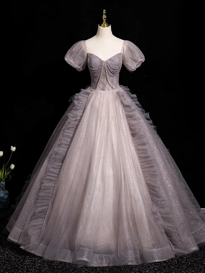 A-line V-neck Tulle Sequin Long Prom Dress, Purple Formal Dress HZ1024