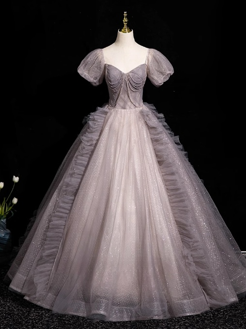 A-line V-neck Tulle Sequin Long Prom Dress, Purple Formal Dress HZ1024