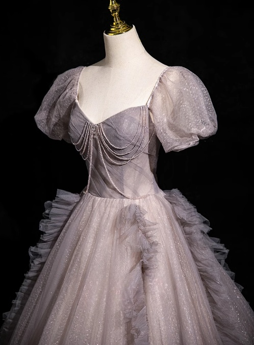 A-line V-neck Tulle Sequin Long Prom Dress, Purple Formal Dress HZ1024