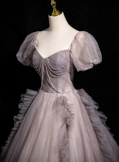 A-line V-neck Tulle Sequin Long Prom Dress, Purple Formal Dress HZ1024