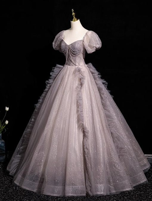 A-line V-neck Tulle Sequin Long Prom Dress, Purple Formal Dress HZ1024