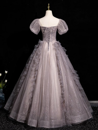 A-line V-neck Tulle Sequin Long Prom Dress, Purple Formal Dress HZ1024
