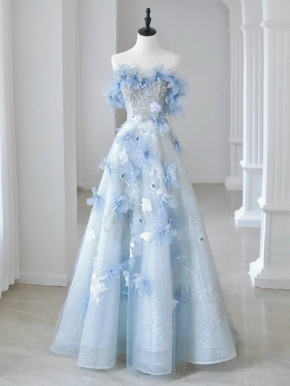 A-line Off-the-shoulder Tulle Sequins Long Prom Dress, Blue Long Formal Dress HZ1024