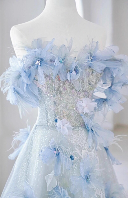 A-line Off-the-shoulder Tulle Sequins Long Prom Dress, Blue Long Formal Dress HZ1024