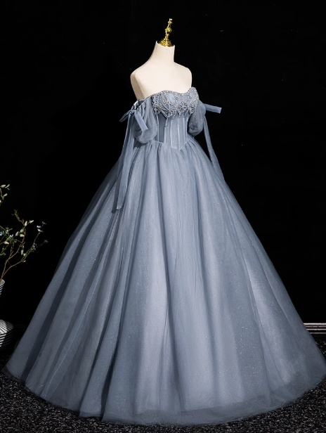 Blue A-line Off-the-shoulder Tulle Beaded Long Prom Dress, Gray Blue Long Formal Dress HZ1024