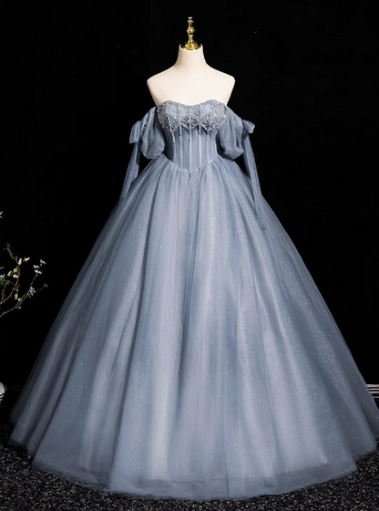 Blue A-line Off-the-shoulder Tulle Beaded Long Prom Dress, Gray Blue Long Formal Dress HZ1024
