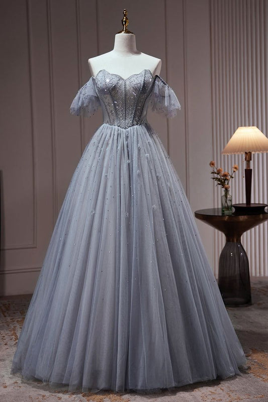 A-Line Tulle Dusty Blue Long Prom Dress, Dusty Blue Formal Dress ED01262