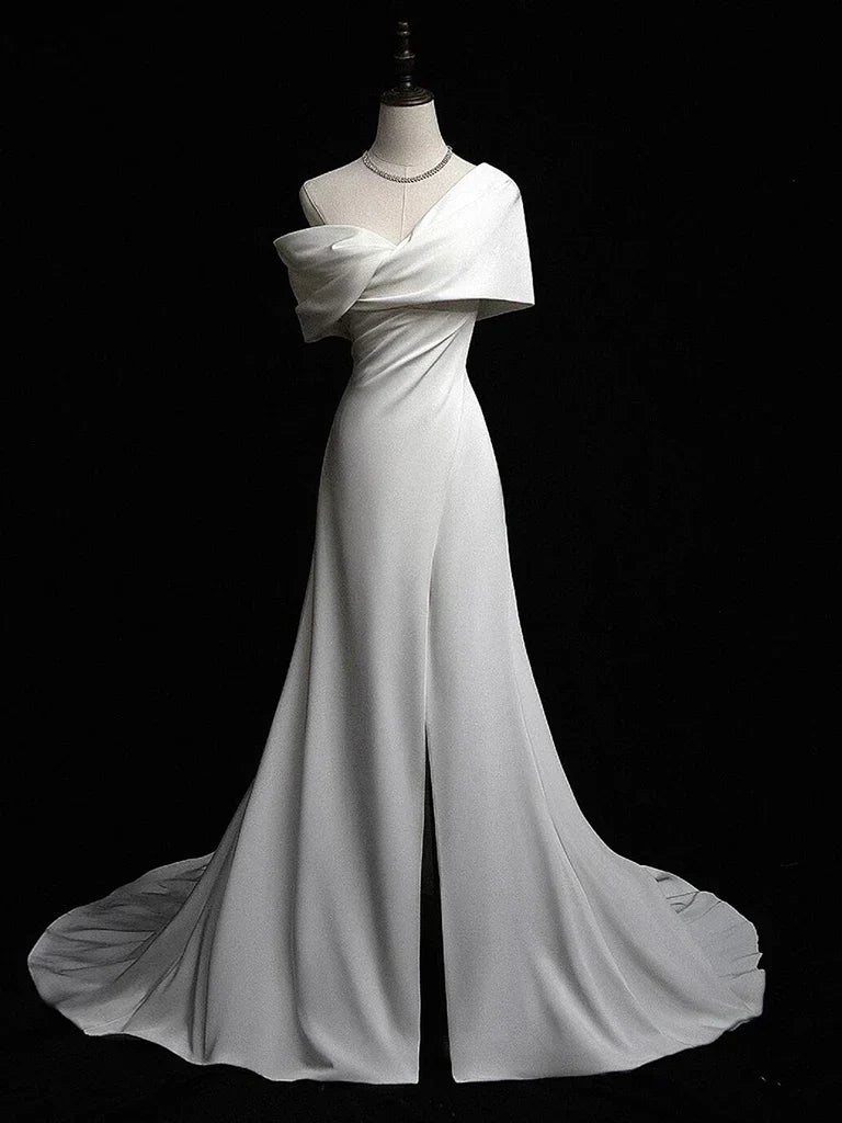 A-Line Satin White Long Prom Dress, White Long Formal Dress HZ1024