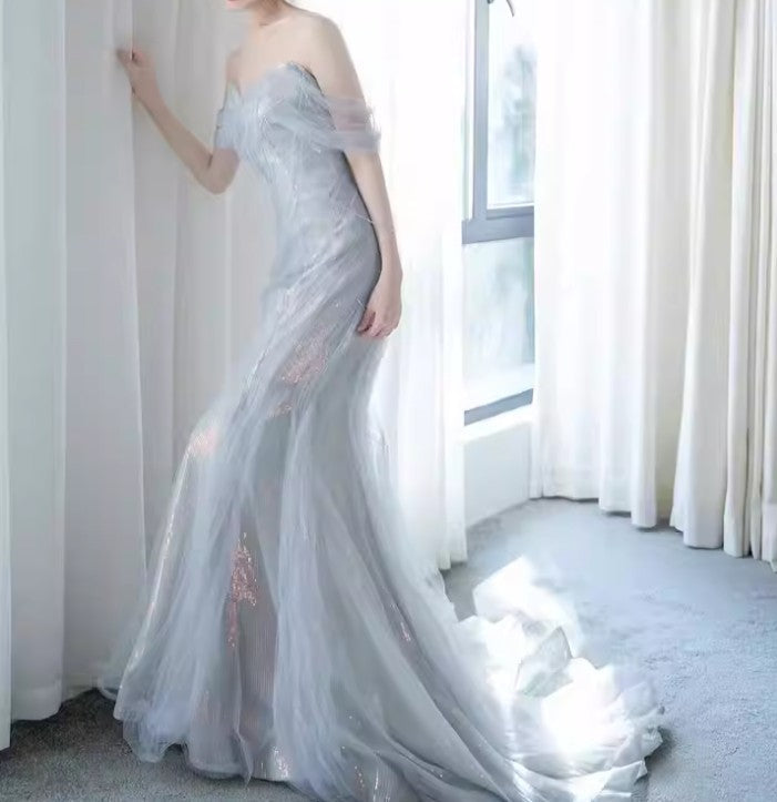 Purple__ Sweetheart Sequin Mermaid Gown-Fairytale Beaded Tulle Train Long Prom Dress for Events ED01264