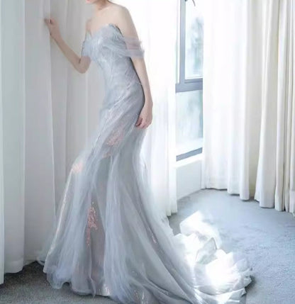 Purple__ Sweetheart Sequin Mermaid Gown-Fairytale Beaded Tulle Train Long Prom Dress for Events ED01264