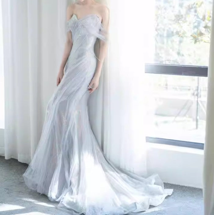 Purple__ Sweetheart Sequin Mermaid Gown-Fairytale Beaded Tulle Train Long Prom Dress for Events ED01264