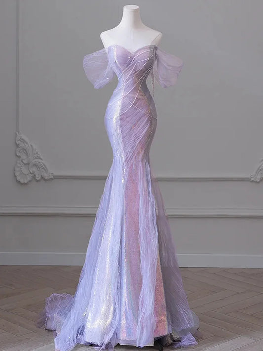 Purple__ Sweetheart Sequin Mermaid Gown-Fairytale Beaded Tulle Train Long Prom Dress for Events ED01264