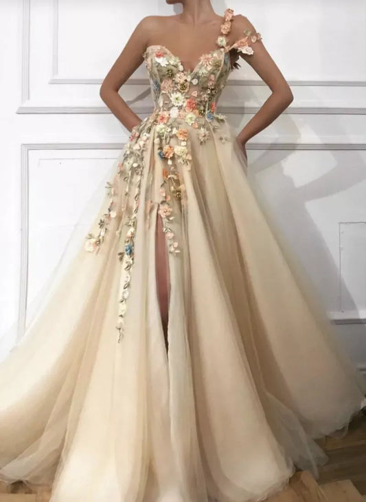 3D flowers A-Line Prom Dresses one shoulder strap Lace Appliques Evening Gown ED01267