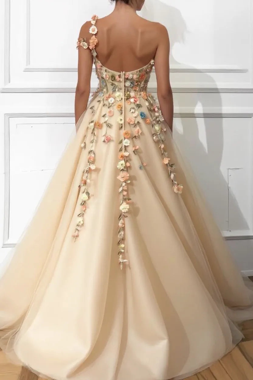 3D flowers A-Line Prom Dresses one shoulder strap Lace Appliques Evening Gown ED01267