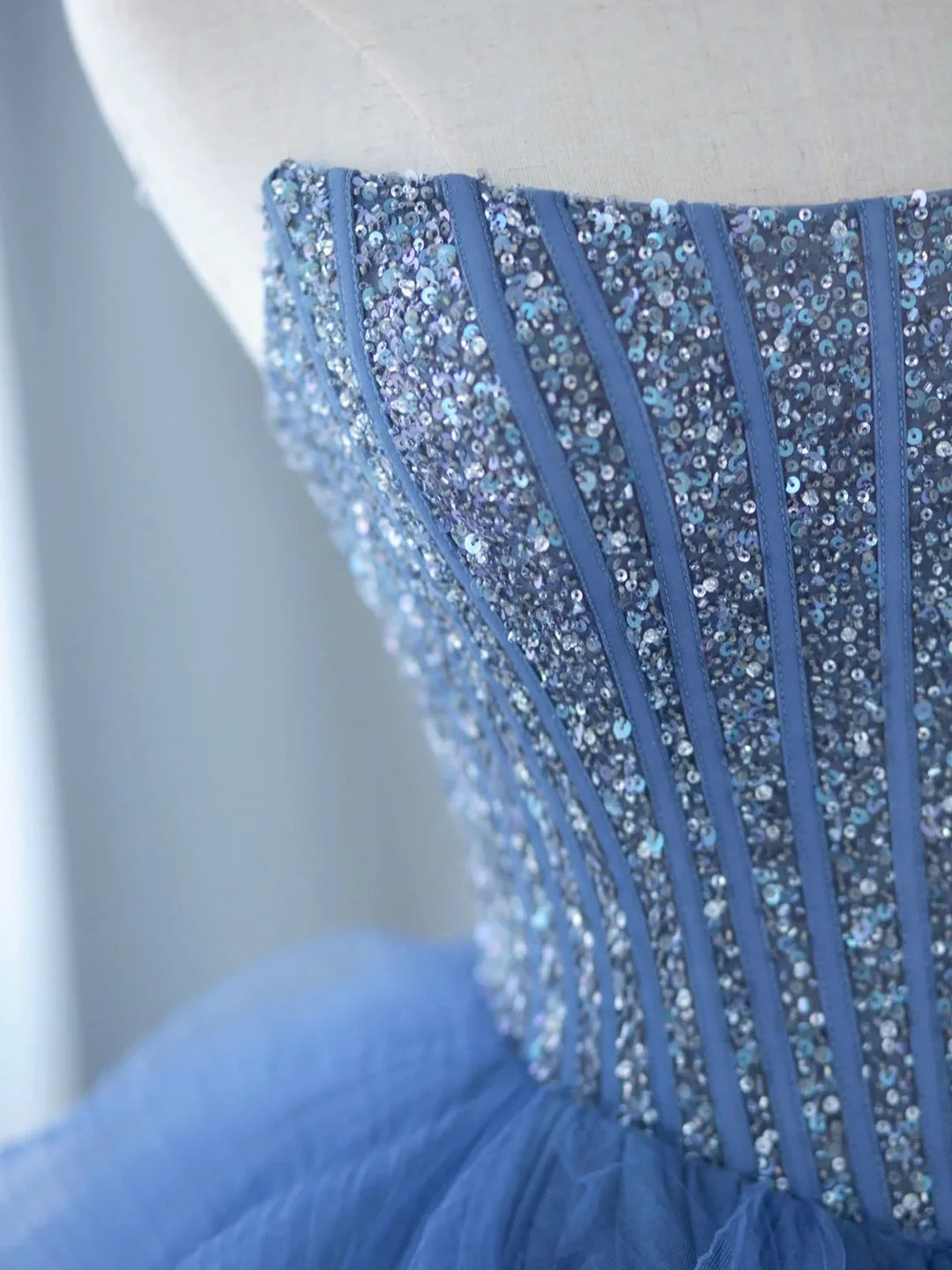 A-line Blue Strapless Tulle Sequins Long Prom Dresses HZ1024
