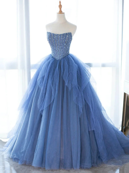 A-line Blue Strapless Tulle Sequins Long Prom Dresses HZ1024