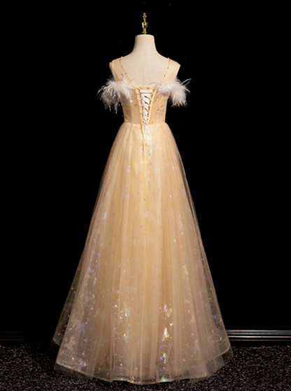 Crew Neck Tulle Embroider Sequins Long Prom Dress, Dark Champagne Formal Dress HZ1024