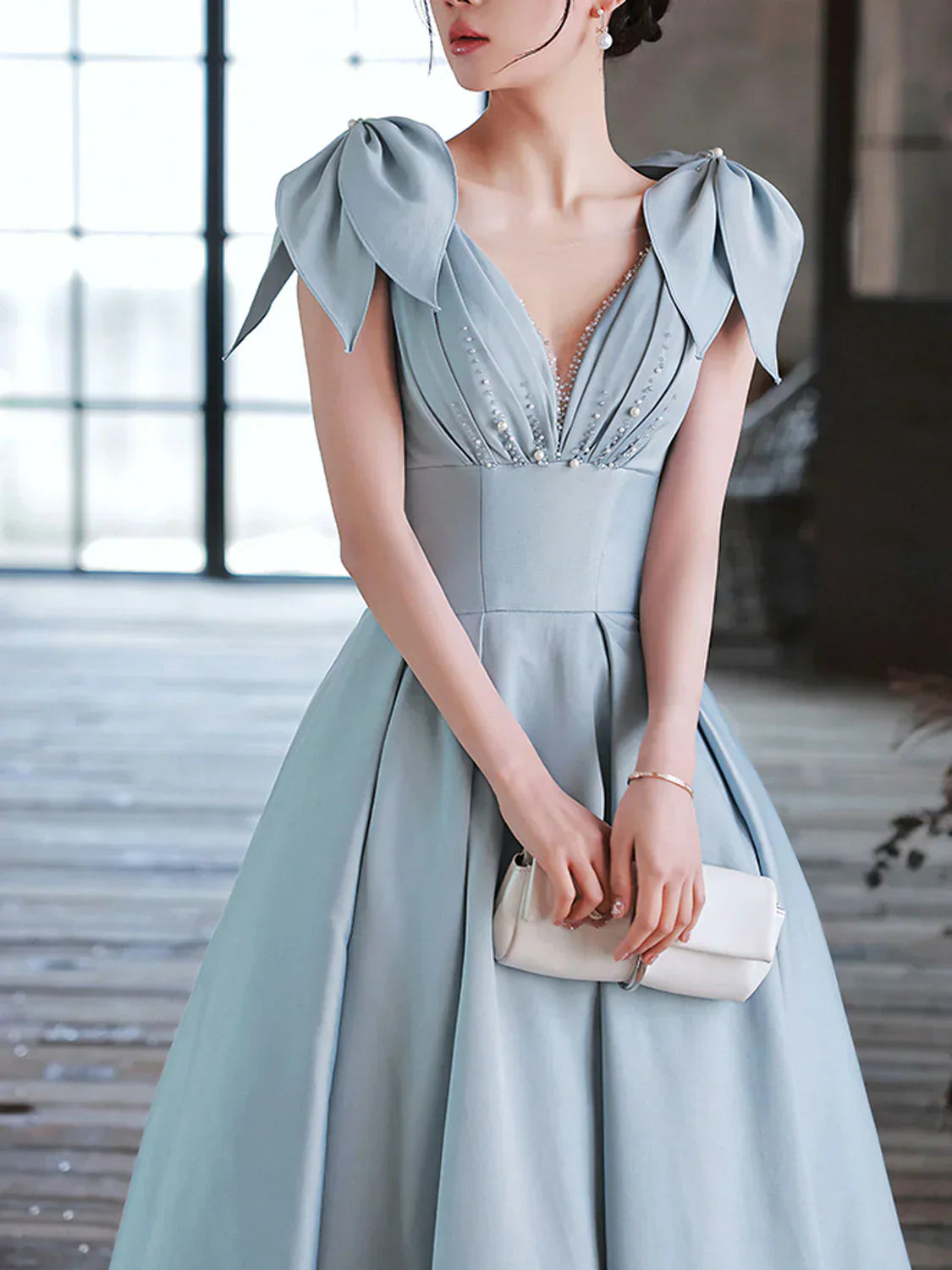 A-Line V Neck Satin Beads Long Prom Dress, Blue Evening Dress HZ1024
