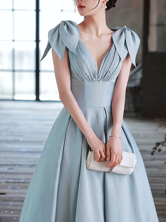 A-Line V Neck Satin Beads Long Prom Dress, Blue Evening Dress HZ1024