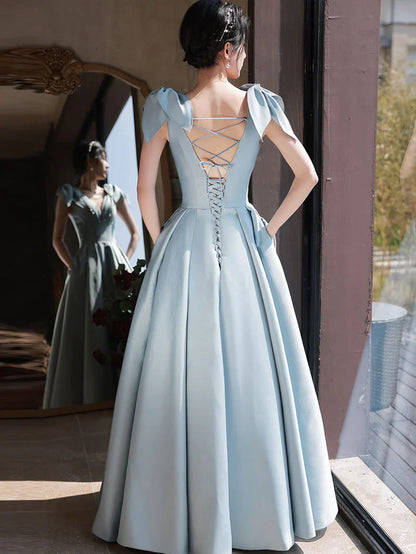 Blue A-Line V Neck Satin Beads Long Prom Dress, Blue Evening Dress ED01274