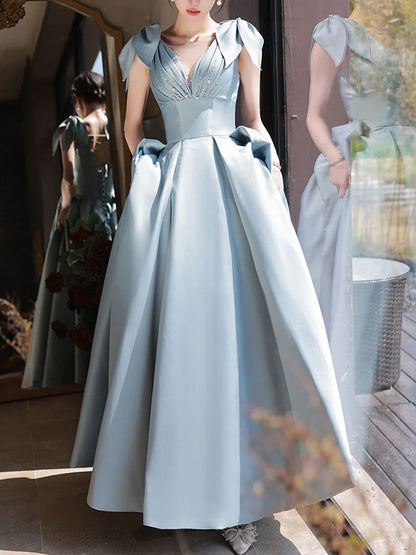 Blue A-Line V Neck Satin Beads Long Prom Dress, Blue Evening Dress ED01274