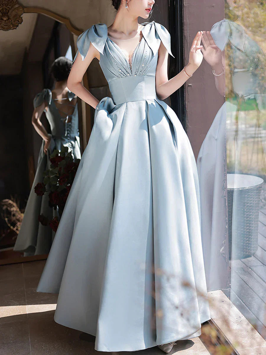 A-Line V Neck Satin Beads Long Prom Dress, Blue Evening Dress HZ1024