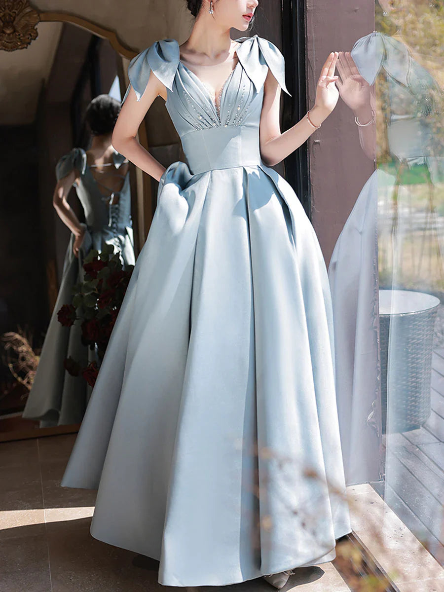 Blue A-Line V Neck Satin Beads Long Prom Dress, Blue Evening Dress ED01274