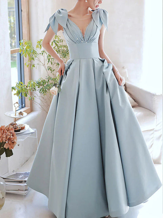 A-Line V Neck Satin Beads Long Prom Dress, Blue Evening Dress HZ1024