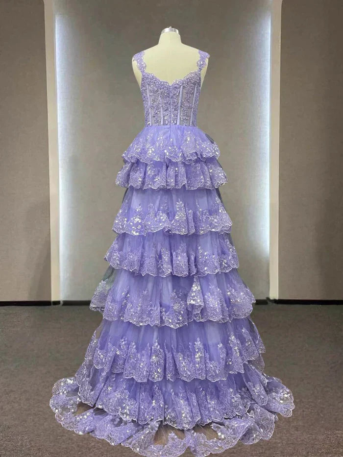 Straps Evening Dress Sparkly Lace Appliques Cupcake Prom Dresses HZ1024