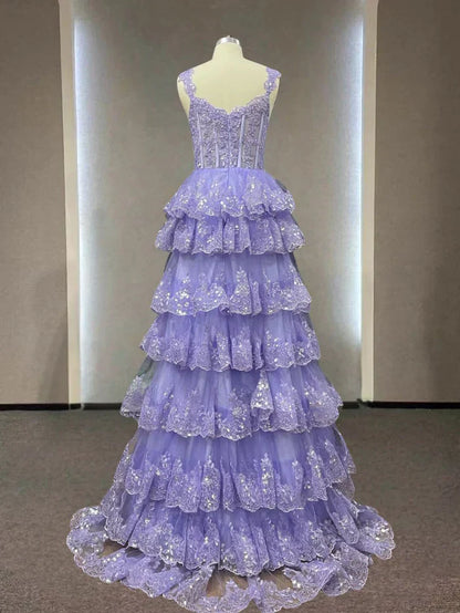 Straps Evening Dress Sparkly Lace Appliques Cupcake Prom Dresses HZ1024