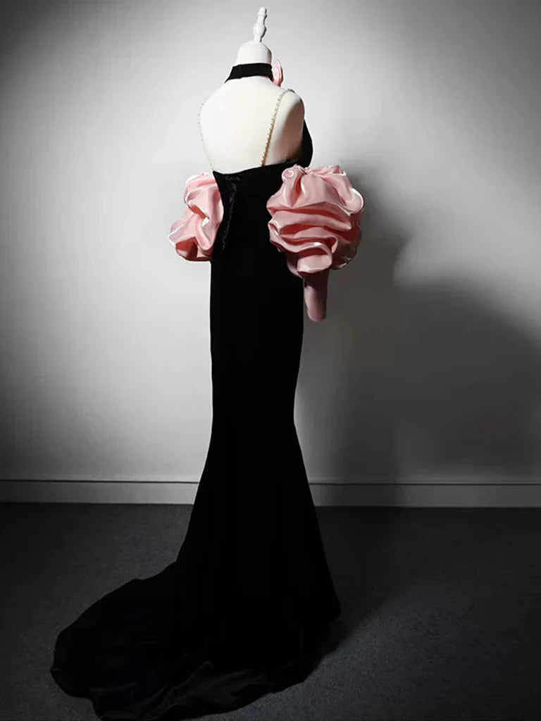 Mermaid V Neck Velvet Black Long Prom Dress, Black Party Dress ED01278