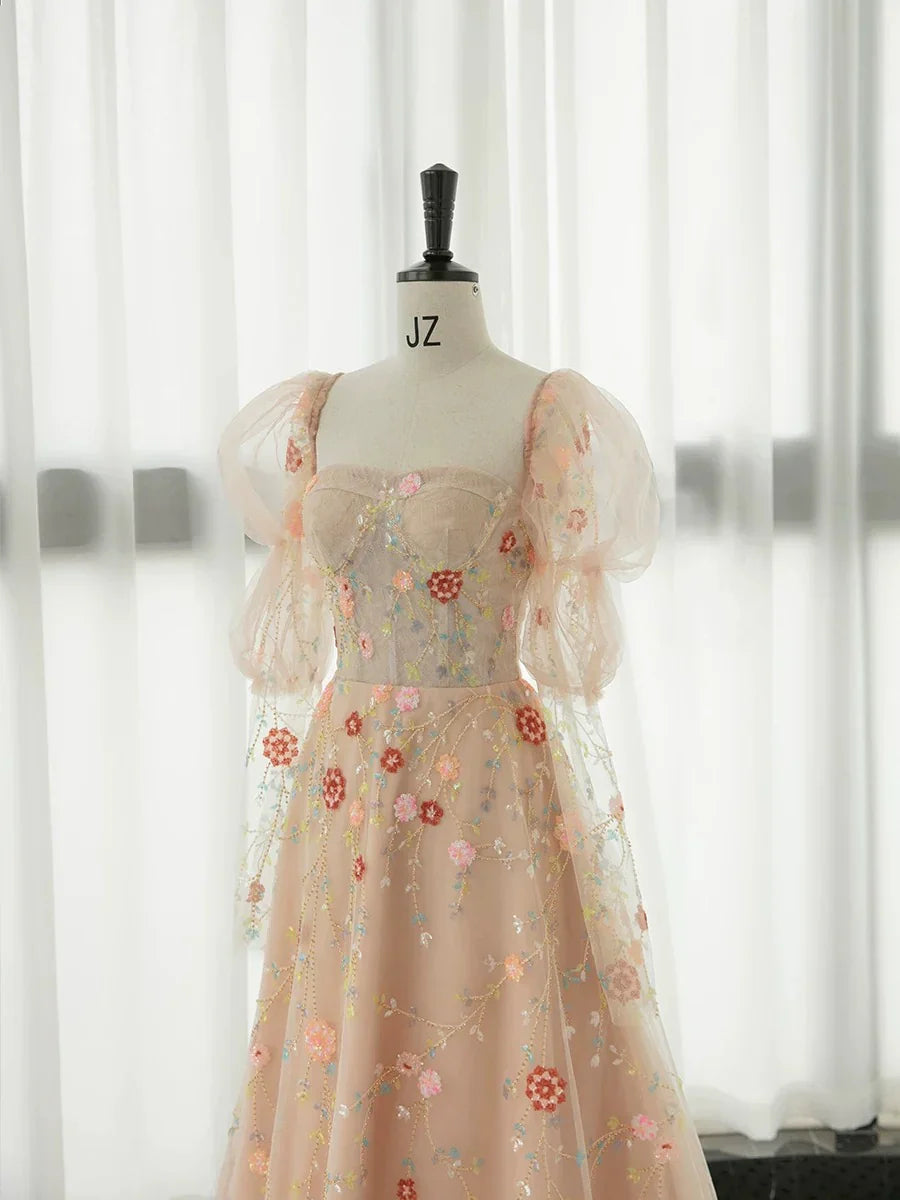 Champagne Pink A-Line Long Sleeve Tulle Lace Long Prom Dress ED01281