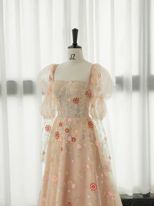Champagne Pink A-Line Long Sleeve Tulle Lace Long Prom Dress ED01281