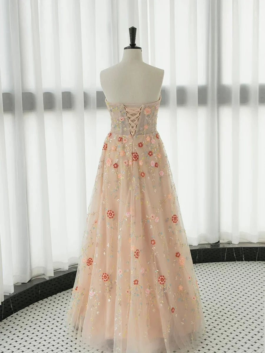 Champagne Pink A-Line Long Sleeve Tulle Lace Long Prom Dress ED01281